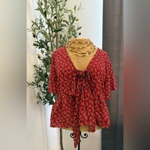 SHEIN Red Flutter Sleeve Tie Front Blouse